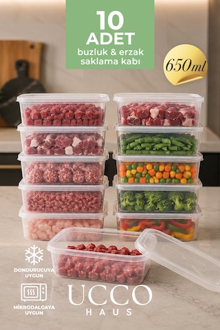 10 Adet 650ml Ekonomik Buzluk & Mikrodalga Sızdırmaz Saklama Kabı Seti Buzluk Organizer Şeffaf