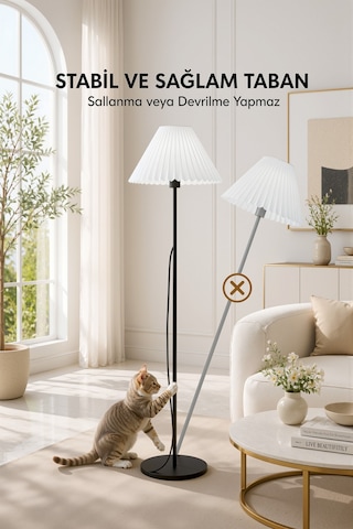 Metal Ayaklı Lambader Umbrella Pileli Beyaz Kumaş Başlık Retro Modern Bohem Lamba 150 Cm Lam02