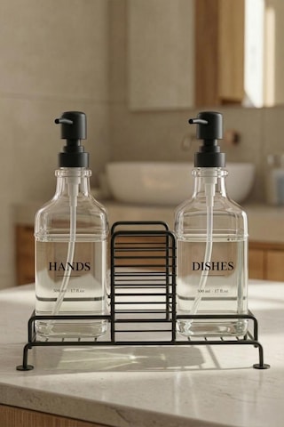 Digithome 2 Li Metal Standlı Cam Sıvı Sabun Ve Losyon Şişesi Sabunluk 500 Ml Siyah D/1 C1-1-289