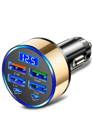 Dijital Ekranlı 6 Çıkışlı Süper Hızlı Araç Içi Şarj Aleti Başlığı Süper Hızlı Şarj Mevcuttur Usb + Type-c