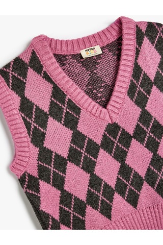 Koton Süveter Baklava Desenli V Yaka Yumuşak Dokulu Pembe Desenli 5wkg90085at Pembe