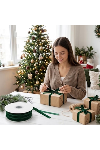 Koyu Yeşil Kadife Kurdele, 1 Cm X 10 Metre, Yılbaşı Hediye Paketi Standart