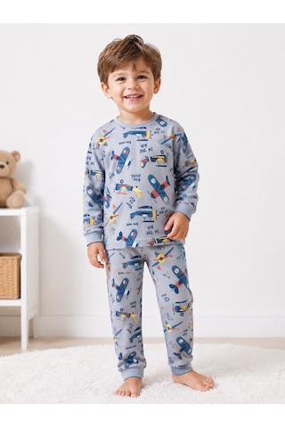 Durukoza %100 Pamuk Erkek Çocuk Pijama Takımı Uçaklı 4 Mevsim Gri