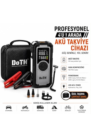 Akü Takviye Lastik Şişirme Pompası Powerbank Led Işıklı Dijital Gösterge Gerçek 8.000 Mah