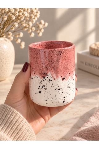 Artistik Sırlı El Yapımı Parmak İzli Seramik Kupa Beyaz-pembe