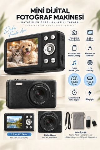 Mimtec Blm-105mini Dijital Fotoğraf Makinası - 2.8" Hd Ekran 12 Farklı Dil Seçenekli Dijital Video Kamera Siyah