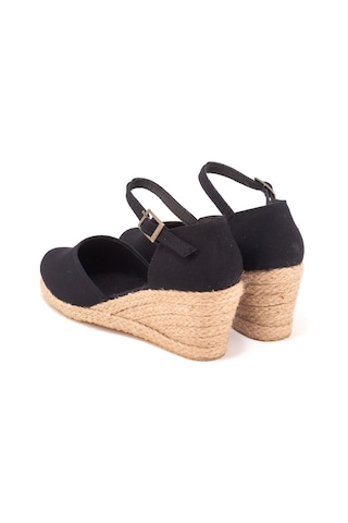 Star Tombis Gerçek Elişi Topuğu Kapalı Bilekten Bantlı Keten Espadril Dolgu Topuk Handmade Siyah