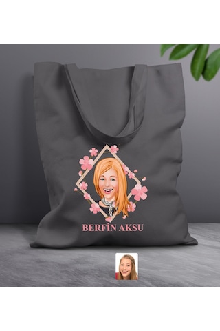 Bk Gift Kişiye Özel Anneler Günü Karikatürlü Antrasit Kumaş Bez Çanta, Baskılı Omuz Çantası, Alışveriş Çantası, Anneye Hediye-4 Antrasit