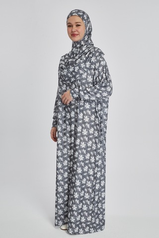 Pratik Tek Parça Manolya Desenli Namaz Elbisesi Füme