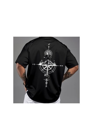 Caddemia Yaz Rahat Spor Gevşek Boy Retro Pusula Baskılı Rahat Yuvarlak Boyun Kısa Siyah 2XL Caddemia Yaz Rahat Spor Gevşek Boy Retro Pusula Baskılı Rahat Yuvarlak Boyun Kısa Siyah 2XL