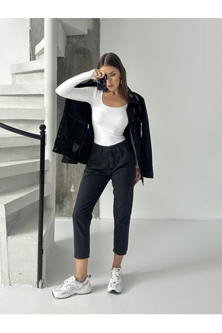 Blue Marlin Pileli Kuşaklı Mom Jeans Siyah