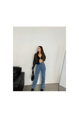 Kene Jeans Yüksek Bel Bacak Yıldızlı Bol Paça Jeans Mavi