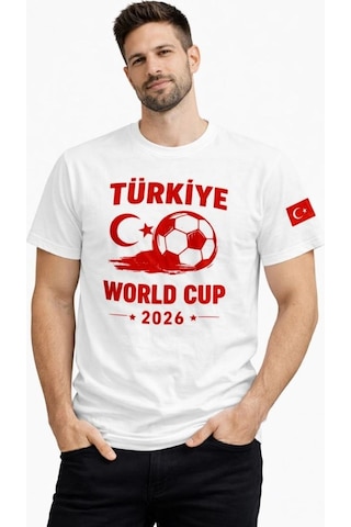 Erkek Türkiye World Cup 2026 Baskılı Tişört Futbol Temalı Forma T-shirt - Beyaz