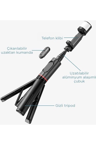 Torima Q12s Siyah Uzaktan Kumandalı Kablosuz Led Işıklı Selfie Çubuğu Tripod