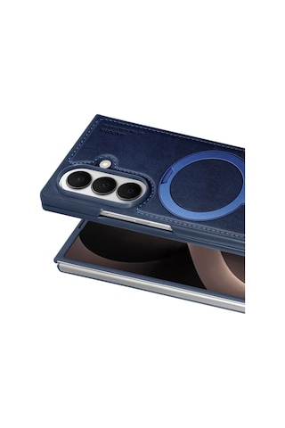 Samsung Galaxy Uyumlu Z Fold 8 Ultra Kılıf Ring M-safe Şarj Özellikli High Pu Deri Hdd Hbc-386 Skafta Case Mavi