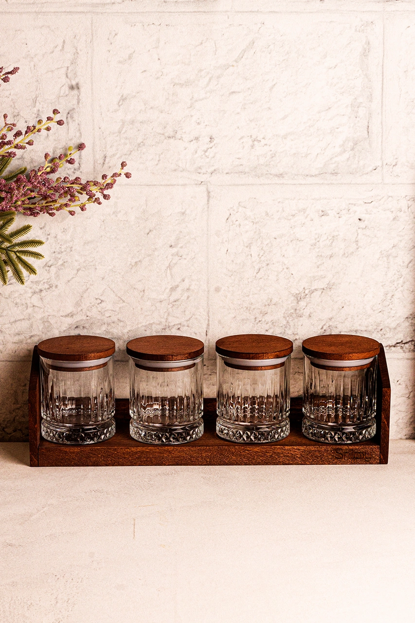 Mira Küçük - Standlı 4'lü Vakumlu Ahşap Kapaklı Cam Baharatlık Takımı Saklama Kabı Seti 210 Ml Ahşap