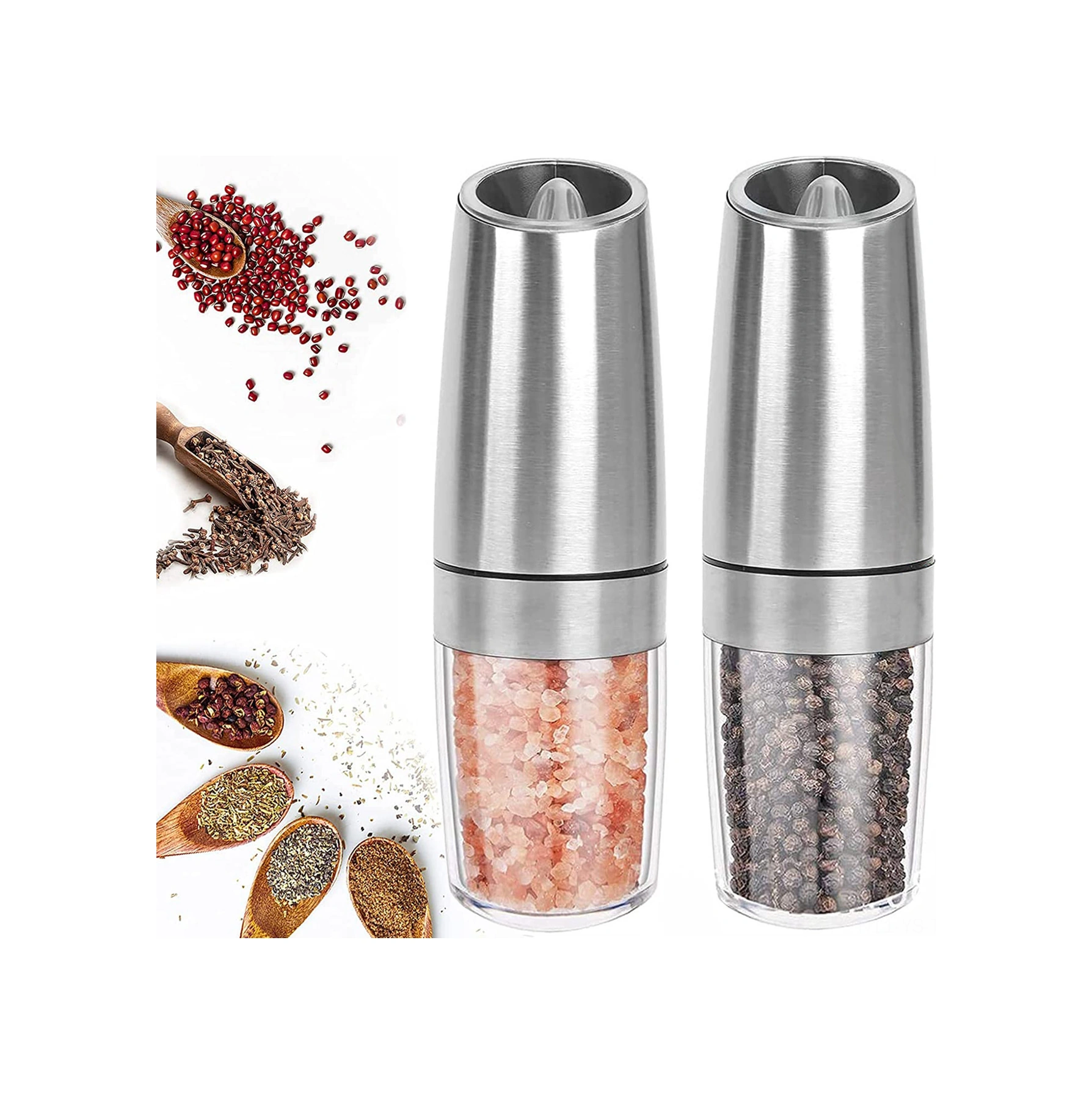 Yunboo Ev Elektrikli Biber Değirmeni, Çekim Sensörlü, Çelik Paslanmaz, Ayarlandırabilir Değirme Kalınlığı, Mavi Led Işık, Tek Elle Kullanım Pil Dahil Değil Gümüş