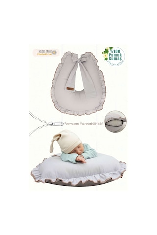 Mordesign Fırfırlı Emzirme Yastığı, Bebek Destek Minderi, Hamile Yastığı, Pamuk Kumaş, Ruffle Seri, Gri Zg10198
