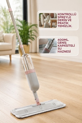Sprey Mop 400 Ml Su Hazneli - Yıkanabilir Mikrofiber Bezli Pratik Yer Temizleme Seti