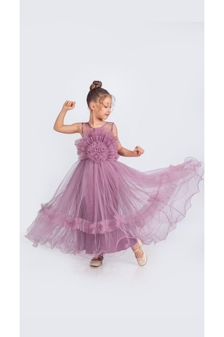 Mnk Baby & Kids Uzun Etekli , Askılı Kız Cocuk Gül Motif Abiye Elbise M00670 Mürdüm
