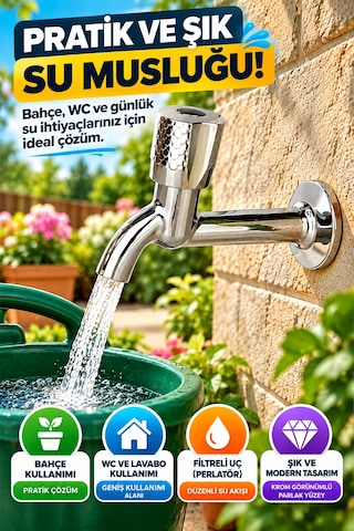 Desenli Krom Uzun Musluk Aç Kapa Başlıklı Bahçe Wc Lavabo Balkon Teras Duvar Tipi Su Musluğu