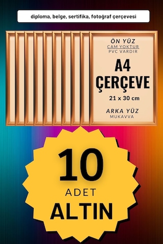 Altın-10 Adet A4 Çerçeve Diploma Belge Sertifika Fotoğraf Resim Çerçevesi Pvc 10lu Altın