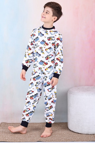 Modanino Erkek Çocuk İş Makineleri Baskılı Pijama Takımı 1-7 Yaş 12291 Beyaz