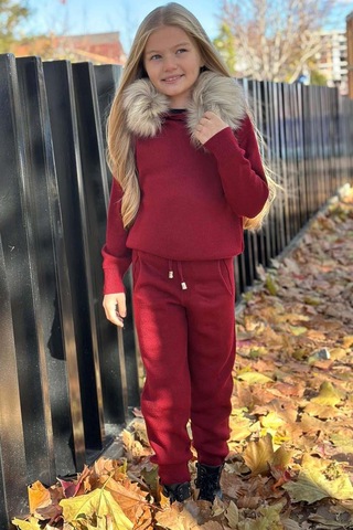 Riccotarz Kız Çocuk Yakası Çıkarılabilir Kürklü Kazak Çift Cepli Triko Bordo Alt Üst Takım Bordo