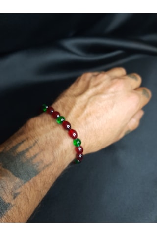 Mryart Bordo Yeşil Cam Boncuk Ve Toz Kehribar Bileklik Çok renkli