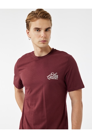 Koton Regular Fit Kısa Kollu Bisiklet Yaka Pamuklu Baskılı Tişört Bordo 6wam10094hk Bordo