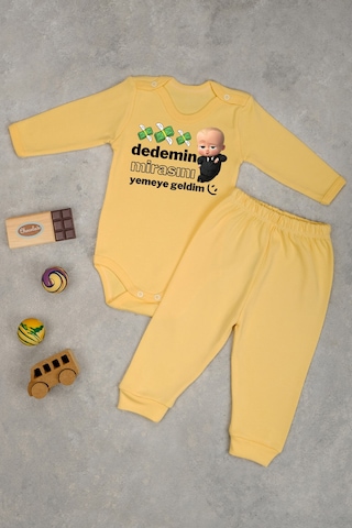 Bebetospik %100 Pamuklu Dedemin Mirasını Yemeye Geldim Baskılı Kız - Erkek Bebek & Çocuk Takım Sari