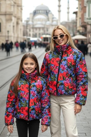 Veraura Lifestyle Kız Çocuk Mavi Dik Yaka Çiçekli Şişme Mont