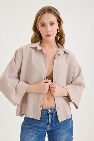 Vitrin Düşük Omuz Oversize Crop Gömlek Taş