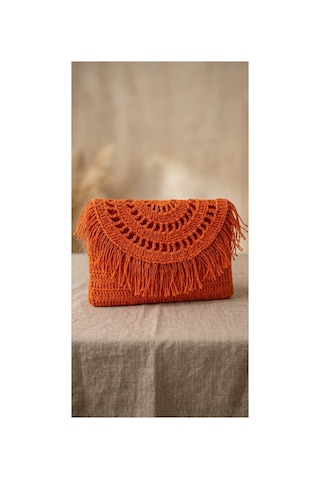 Trakyatrend Crunch Çanta El Yapımı Hasır Kağıt İp Püsküllü Clutch Turuncu