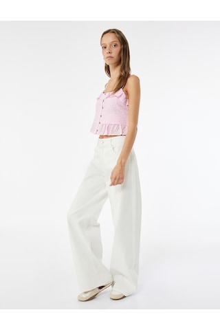 Koton Pamuklu Kolsuz Fırfırlı Yaka Düğmeli Brodeli Crop Bluz Pembe 5sal30039ıw Gül