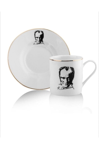 2'li Porselen Atatürk Portreli Türk Kahvesi Fincanı Beyaz