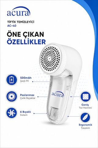 Acura Ac-40 6 Bıçaklı Şarjlı Tüy Ve Tiftik Temizleyici Beyaz