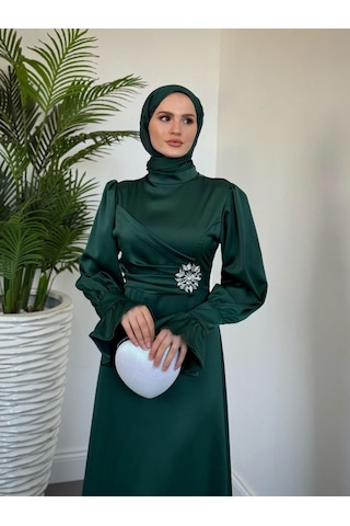 Yandan Taşlı Abiye Zümrüt Yeşil