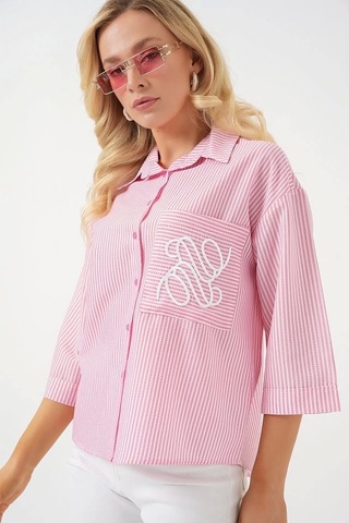 Defymoda Tek Cep Nakışlı Gömlek 20328 - Pembe Pembe