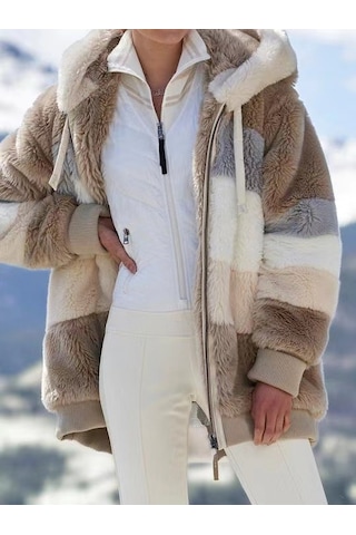 Kadın Peluş Kapüşonlu Ceket Bol Ceket Haki