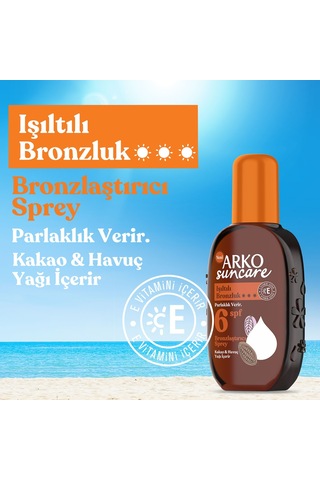Arko Suncare Yüksek Korumalı Vücut Güneş Spreyi SPF30+ 200 ML + Bronzlaştırıcı Güneş Yağı SPF6 220 ML + Çanta