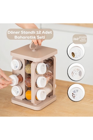 Porsima 1078 Kare Döner Standlı Döner Kapaklı Cam Baharatlık Cap Beyaz - Cappucino