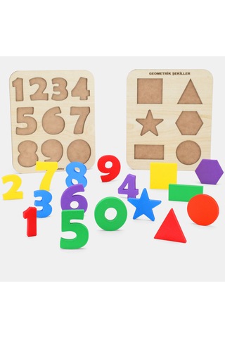 2'li Set Montessori Eğitici Ahşap Sayılar Ve Geometrik Şekiller Bultak Puzzle 20x17 Cm 1 Adet
