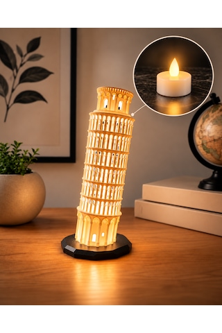 Pisa Kulesi Gece Lambası Tea Light Dekoratif Masa Ve Gece Lambası Beyaz
