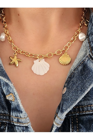 İstiridye Midye Deniz Yıldızı Deniz Atı İnci Model Charmlı Yaz Beach Plaj Tatil Kolye 46cm Gold