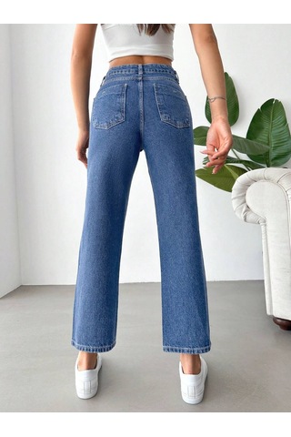 Yüksek Bel Koyu Yıkamalı Kadın Denim Pantolon Mavi