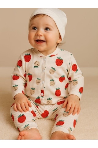 Zekids Kız Bebek Pamuku Çilek Desenli Pijama Takımı-16296 Çok Renkli