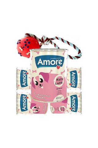 Amore Kuzu Etli Yavru Köpek Konserve 5 x 400 G + Fırlatılacak İpli Top