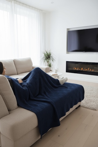 Yumuşak Örgü Battaniye Karo 130x170 Cm İndigo Tek Kişilik Tv Battaniyesi Dekoratif Ve Hafif Indigo