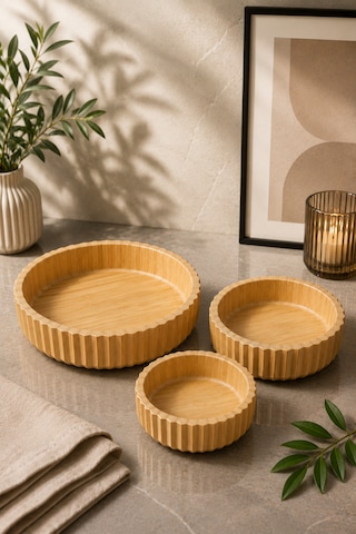 Bambu Üçlü Kase Seti Çizgili Meyvelik Çerezlik Ahşap